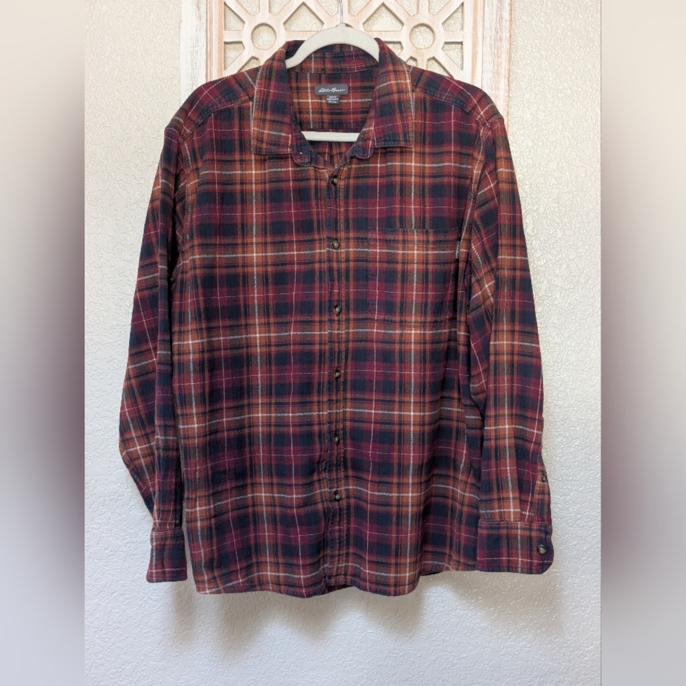 Eddie Bauer men's XXL flannel button down shirt orange/ red/ blue plaid outdoors